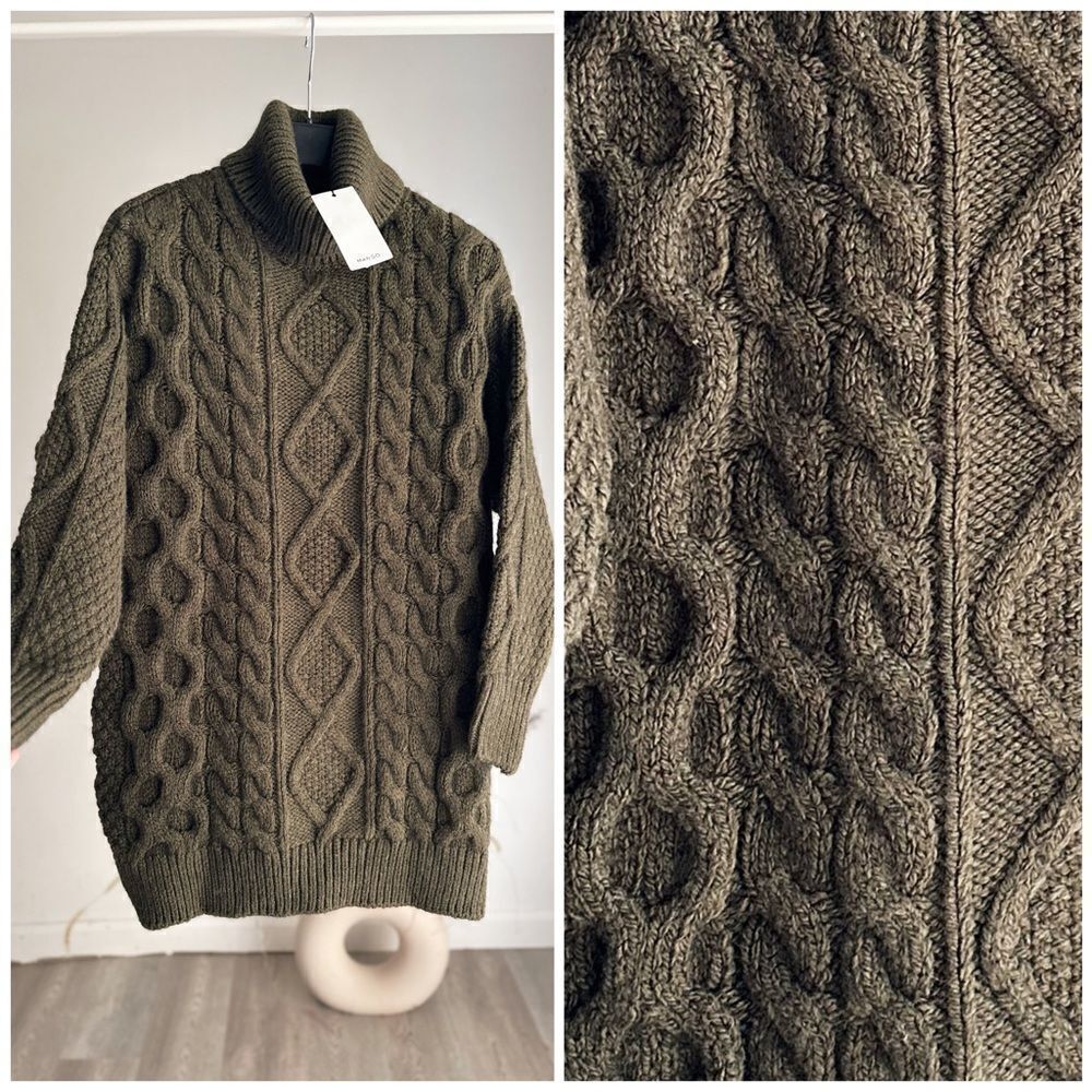 Mango Cable Knit Chunky Dress Braids Oversized Turtleneck Khaki - Picture 2 of 7